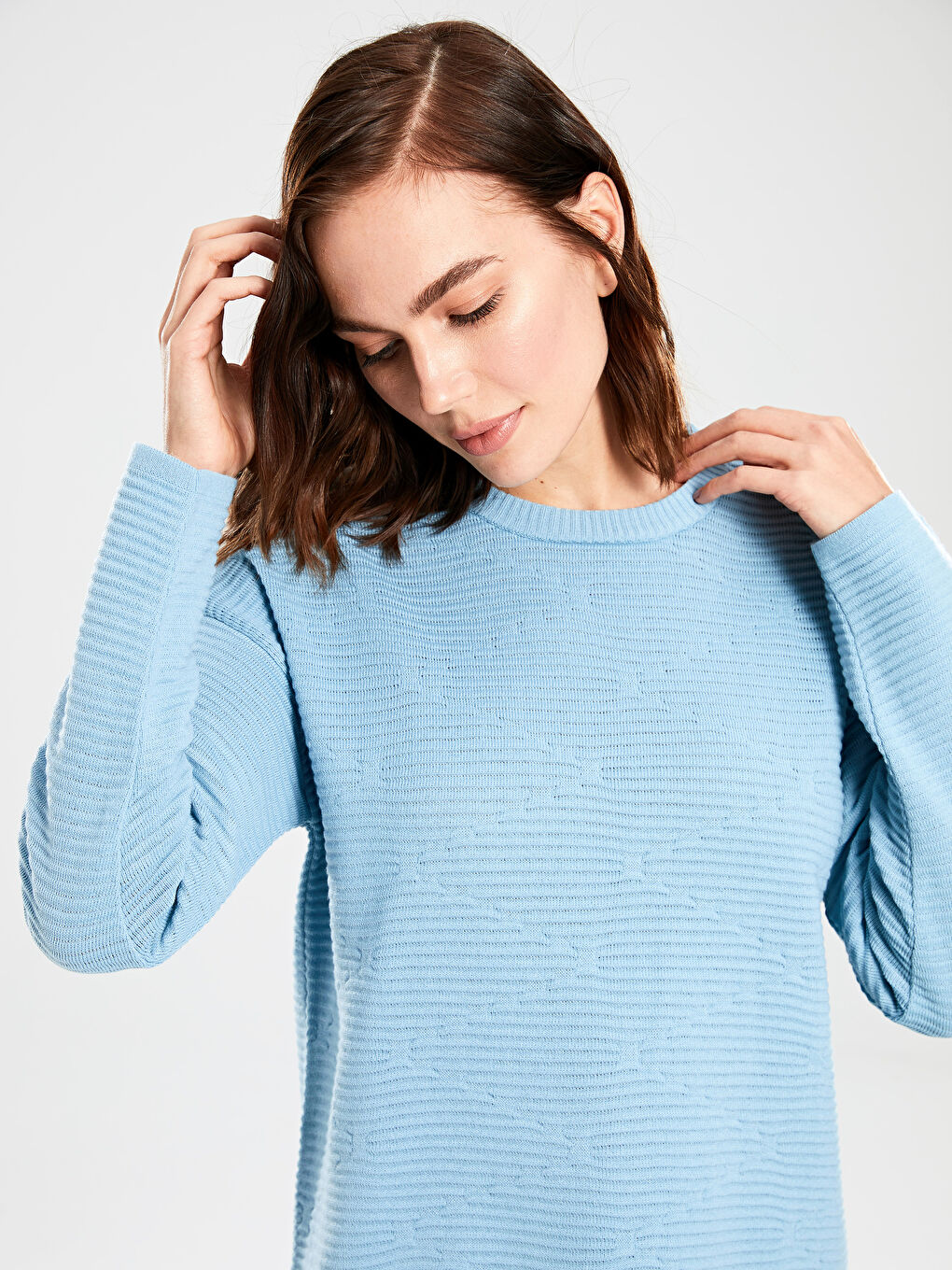 Yeşil Bisiklet Yaka Kendinden Desenli Uzun Kollu Kadın Triko Kazak-2