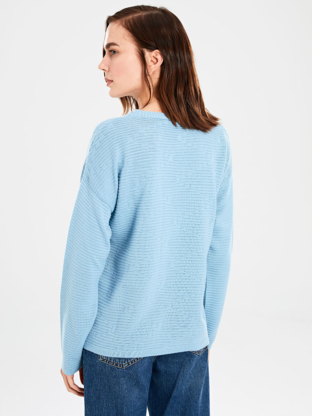 Yeşil Bisiklet Yaka Kendinden Desenli Uzun Kollu Kadın Triko Kazak-3