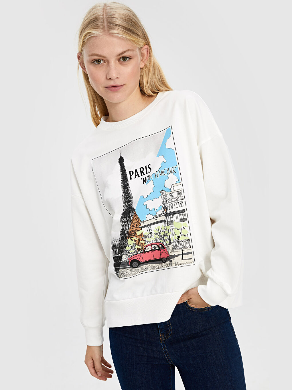 Ekru Bisiklet Yaka Baskılı Uzun Kollu Kadın Sweatshirt