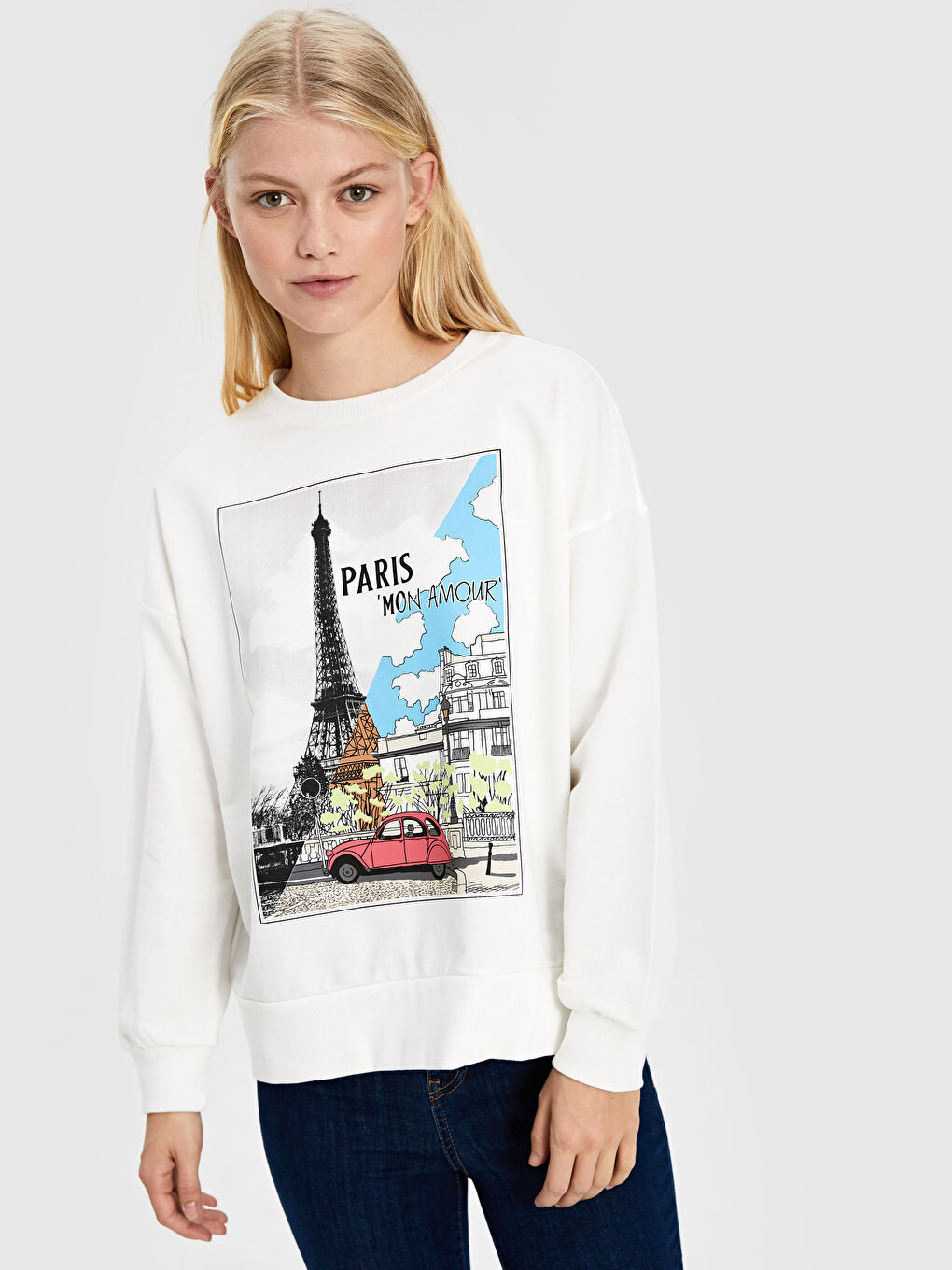 Ekru Bisiklet Yaka Baskılı Uzun Kollu Kadın Sweatshirt-1