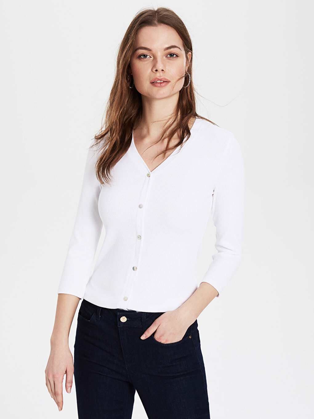 Women's Long Sleeve V-Neck T-Shirts Button Detail-1