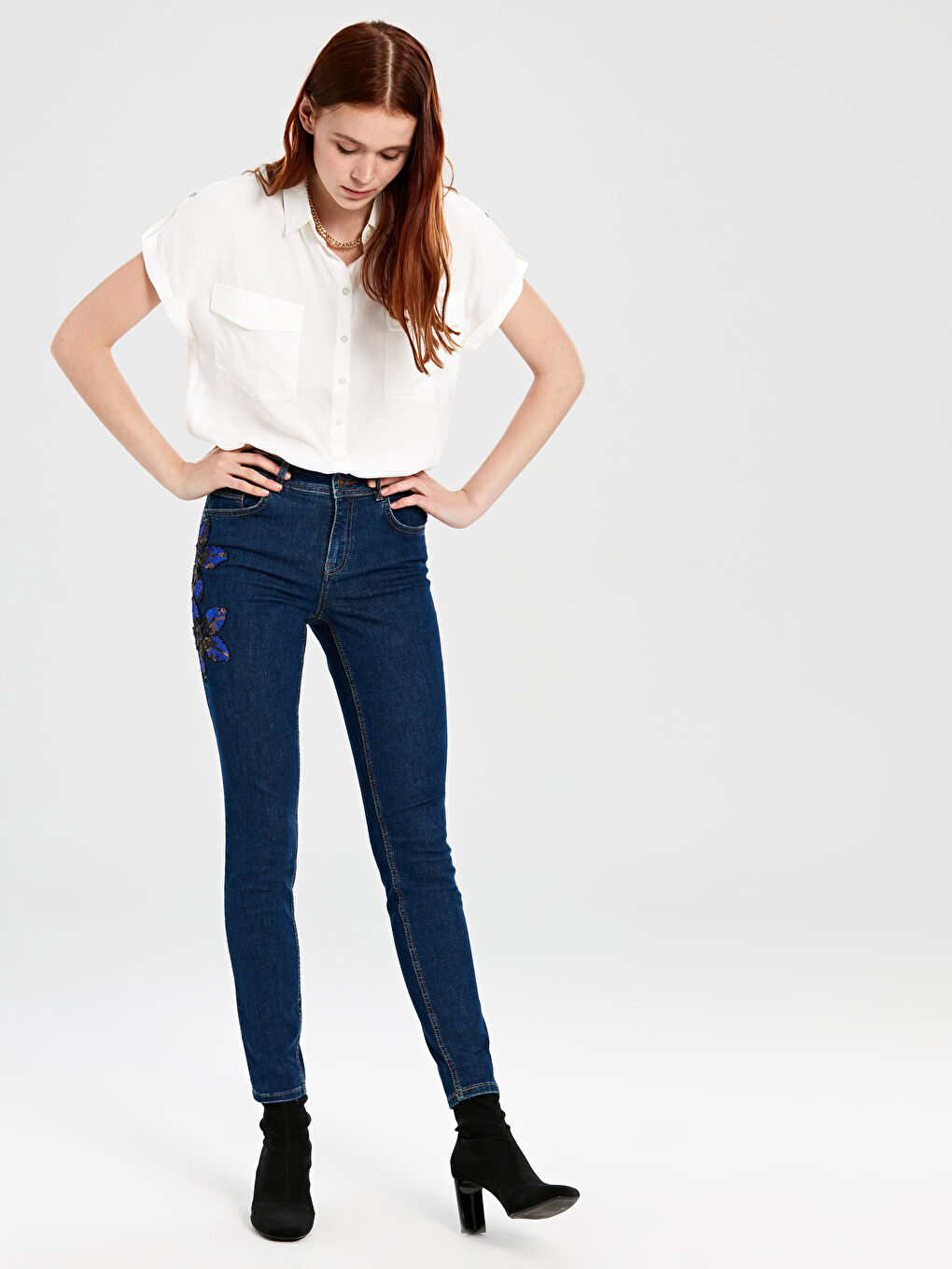 İndigo Skinny Fit Desenli Kadın Jean Pantolon-1