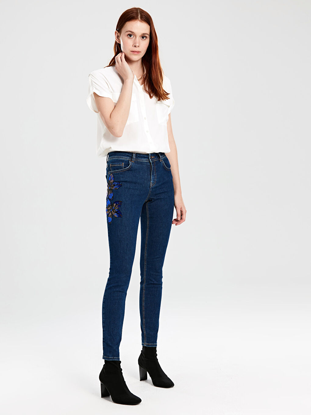İndigo Skinny Fit Desenli Kadın Jean Pantolon-2