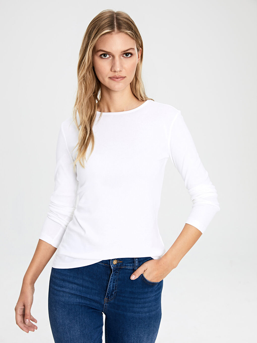 LCW Basic Cotton Long Sleeve T-shirt Straight Women -9WS442Z8-FFB