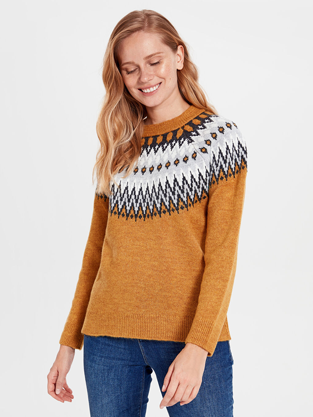 Әйелдерге арналған дөңгелек жағалы принтті ұзын жең жемпір-1