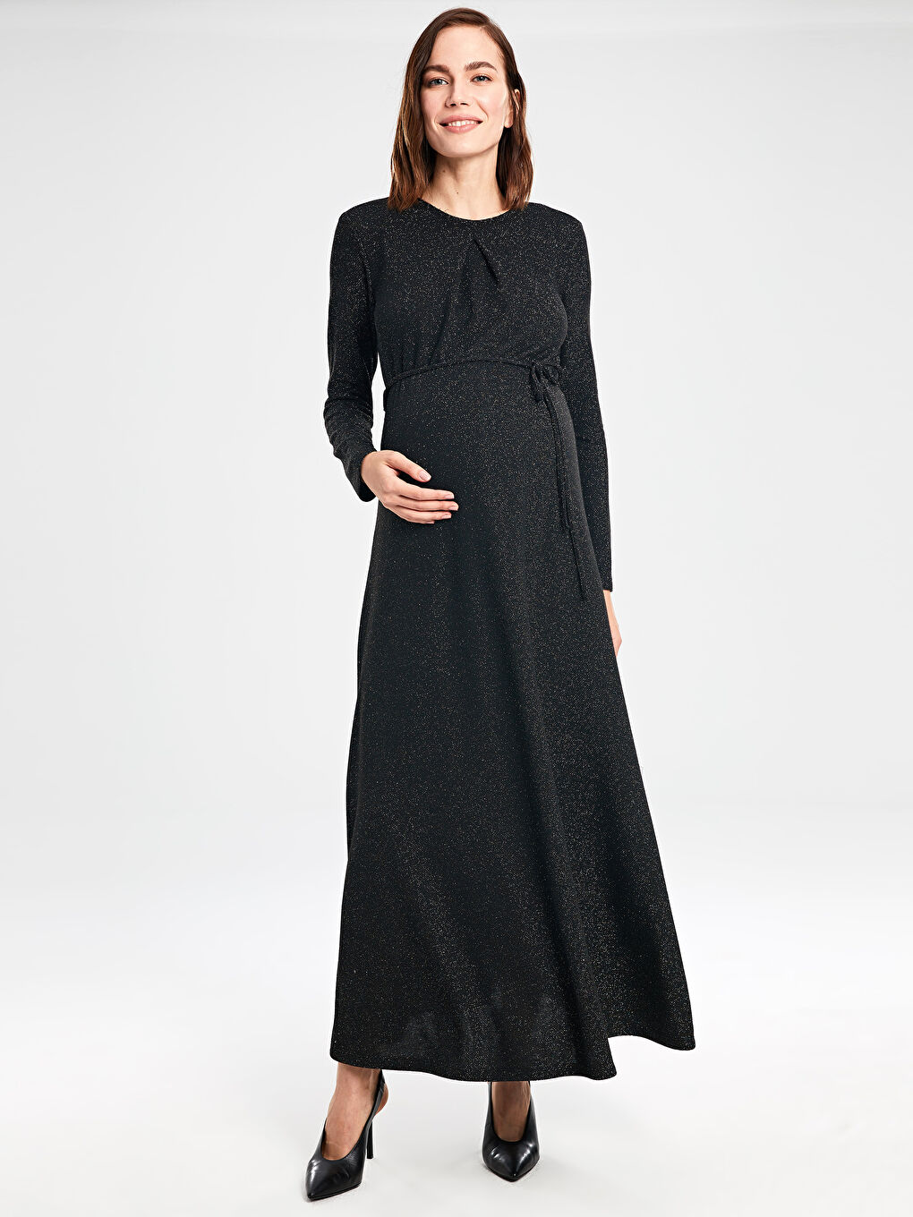 Siyah Bisiklet Yaka Uzun Kollu Kadın Elbise-1