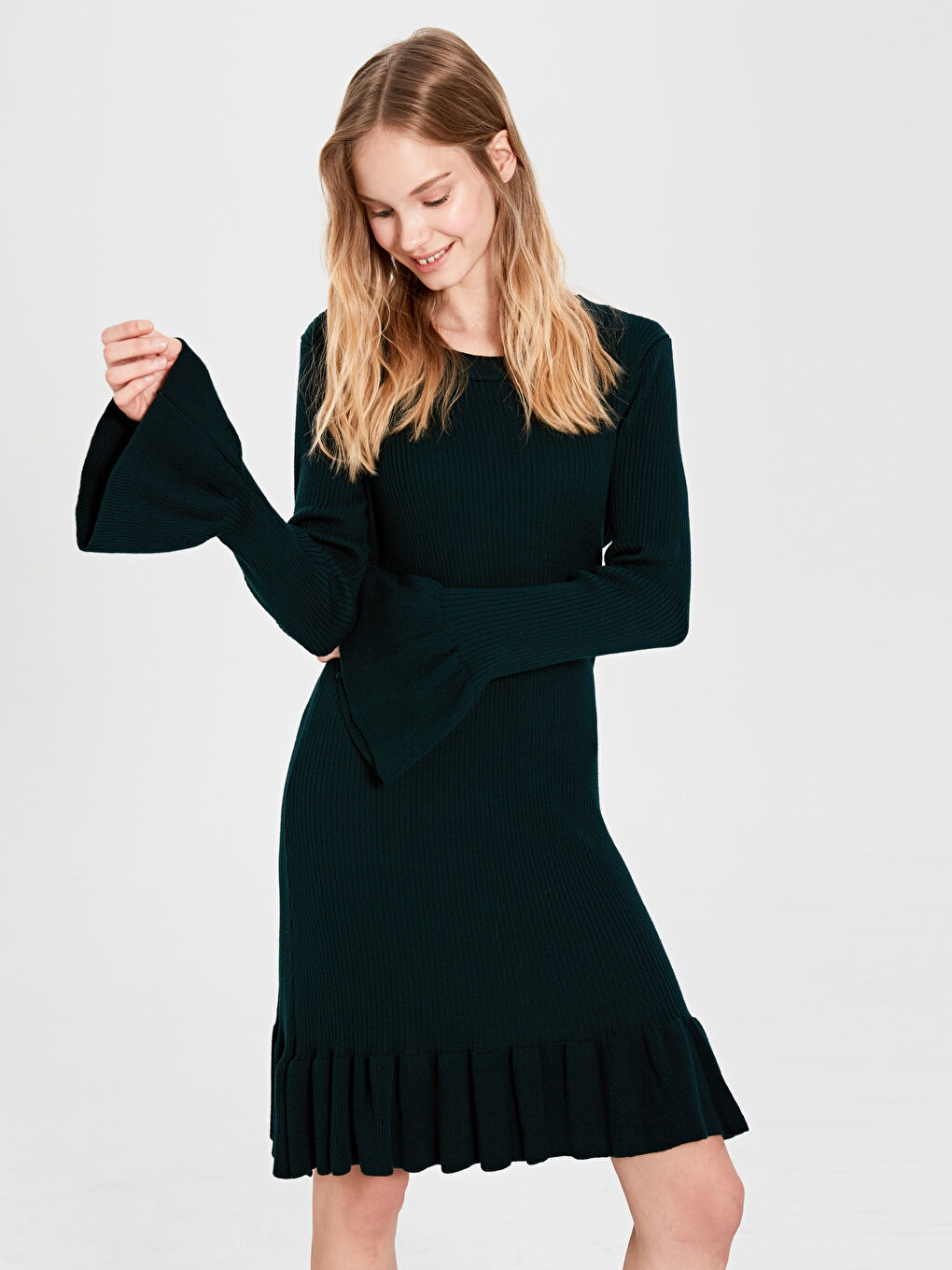 Yeşil Bisiklet Yaka Uzun Kollu Kadın Elbise-1