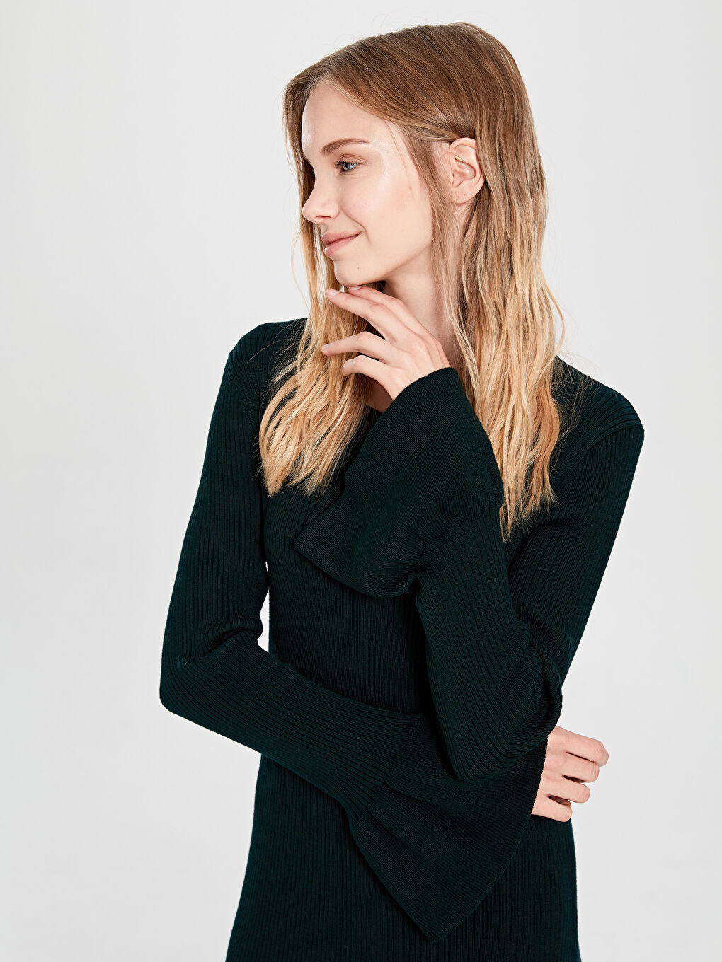 Yeşil Bisiklet Yaka Uzun Kollu Kadın Elbise-2