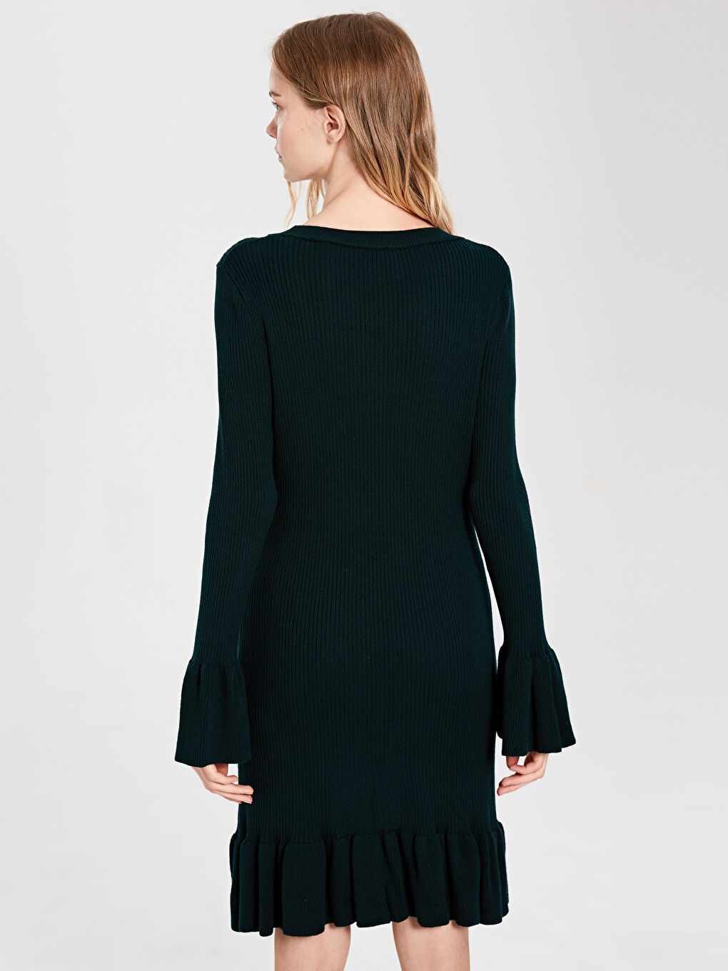 Yeşil Bisiklet Yaka Uzun Kollu Kadın Elbise-3