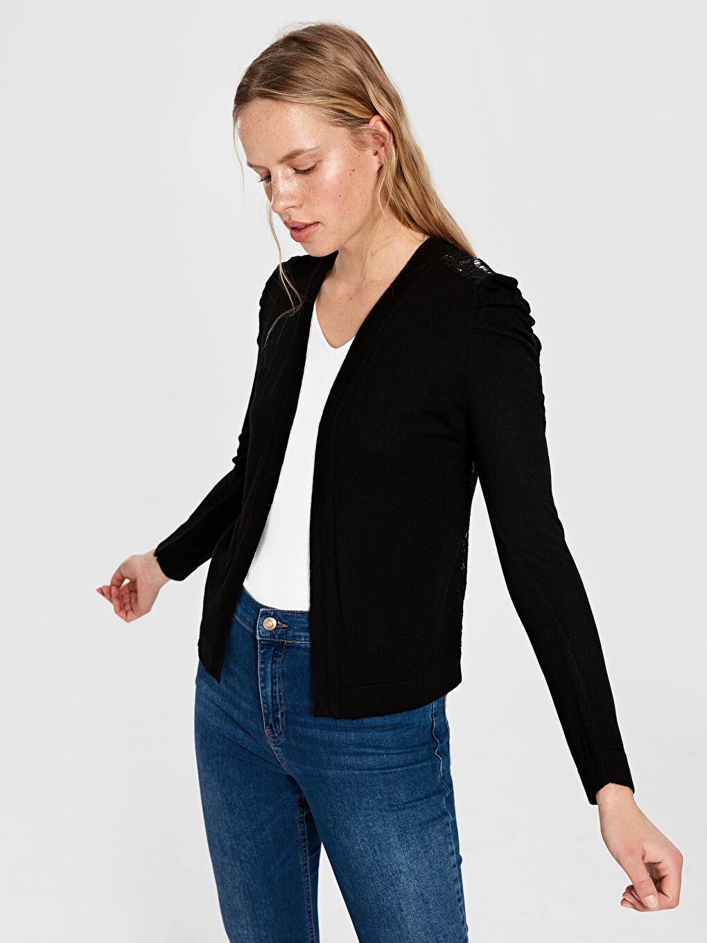 Cardigan pour Femmes à Manches Longues Uni avec Encolure en V-1