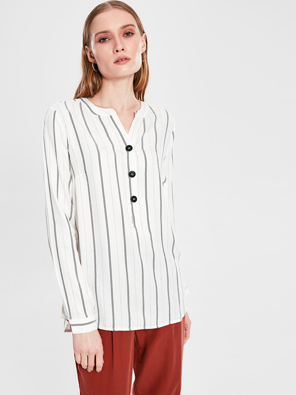 Ekru Çizgili Bluz-1