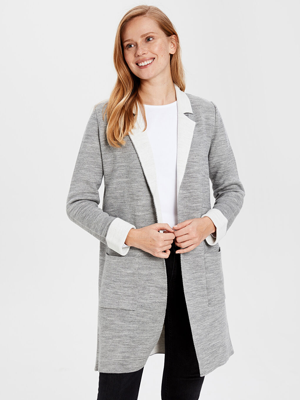 Gri Ceket Yaka Cep Detaylı Uzun Kollu Kadın Triko Hırka-2