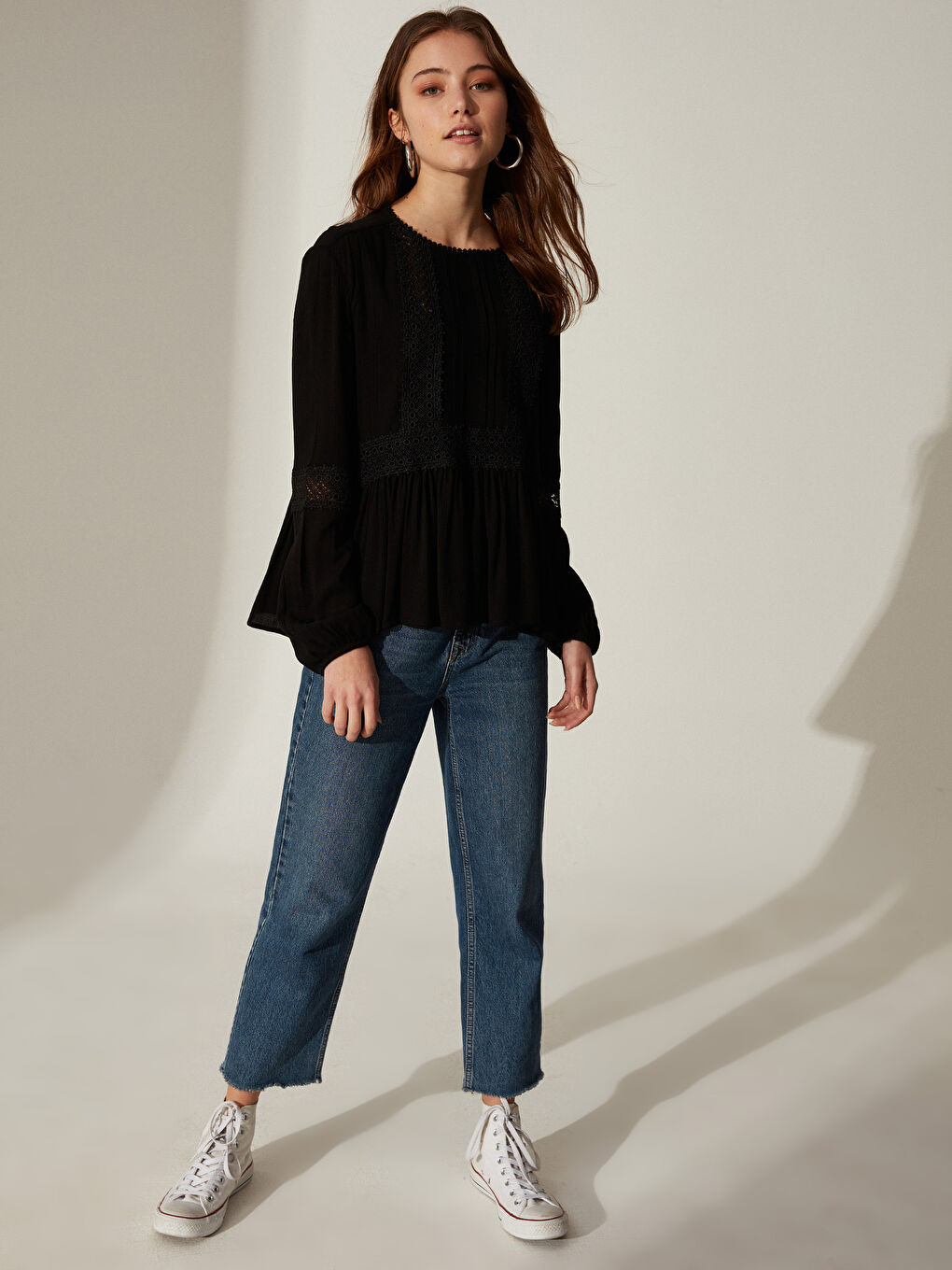 Siyah Bisiklet Yaka Uzun Kollu Kadın Bluz-4