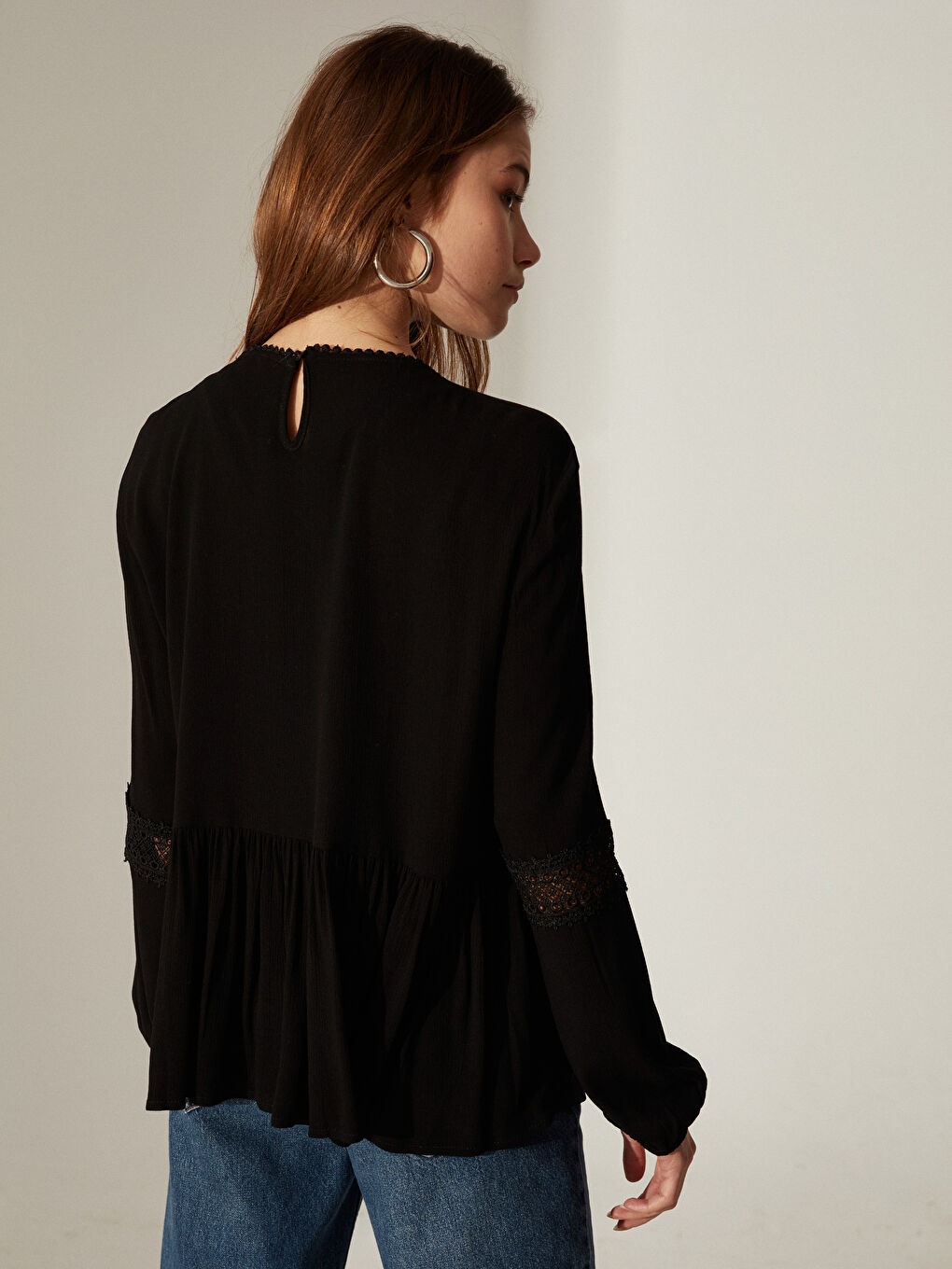 Siyah Bisiklet Yaka Uzun Kollu Kadın Bluz-5