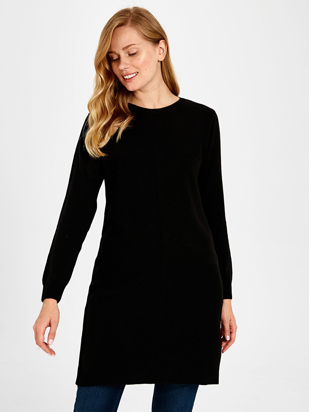 Siyah Bisiklet Yaka Uzun Kollu Kadın Düz Tunik