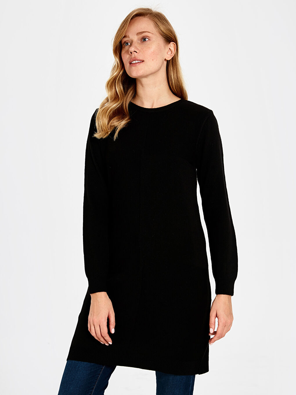 Siyah Bisiklet Yaka Uzun Kollu Kadın Düz Tunik-1