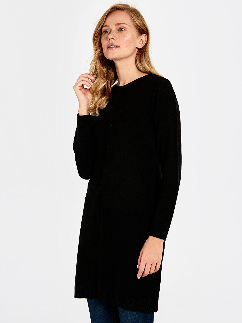 Siyah Bisiklet Yaka Uzun Kollu Kadın Düz Tunik-2