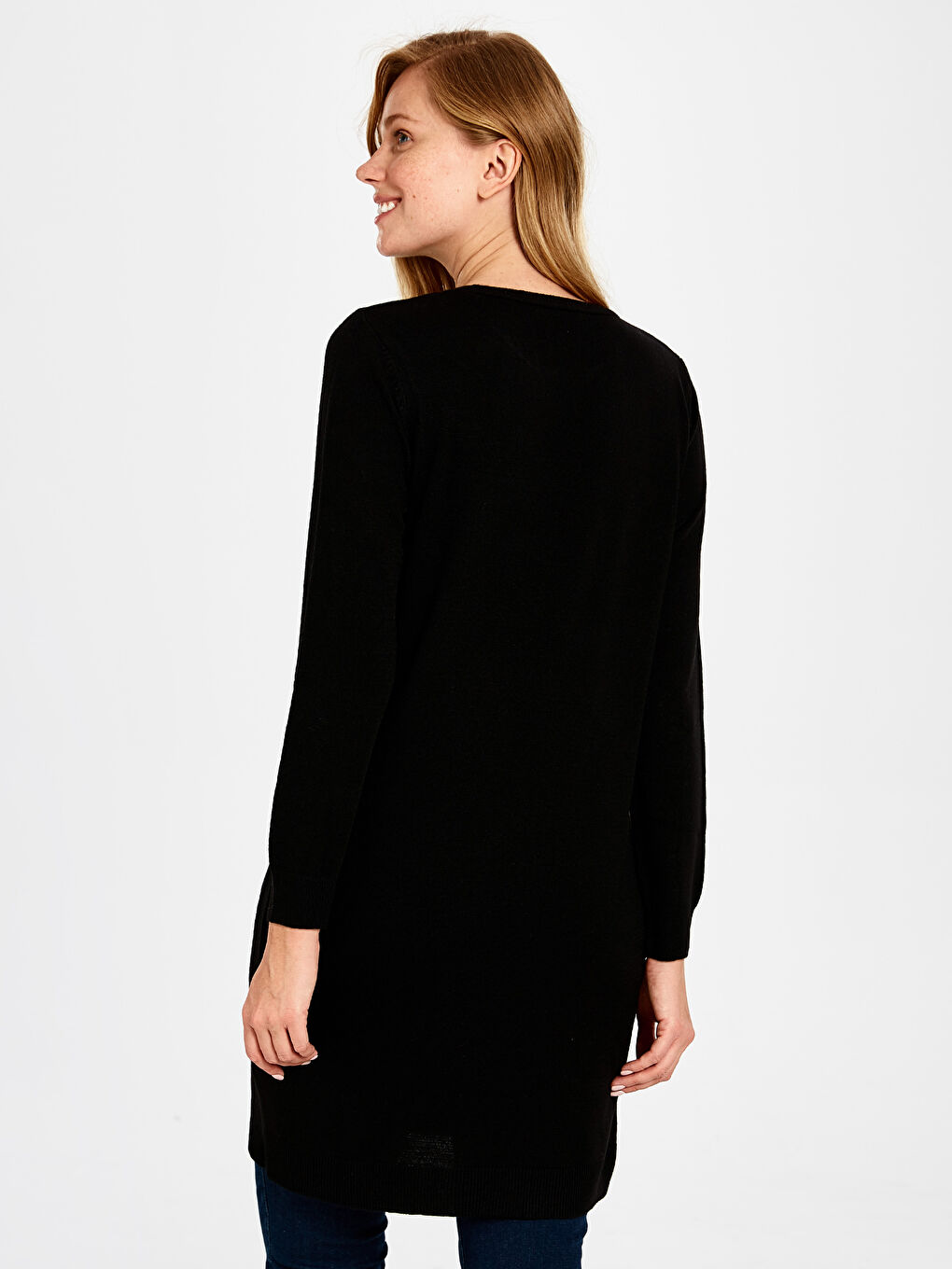 Siyah Bisiklet Yaka Uzun Kollu Kadın Düz Tunik-3