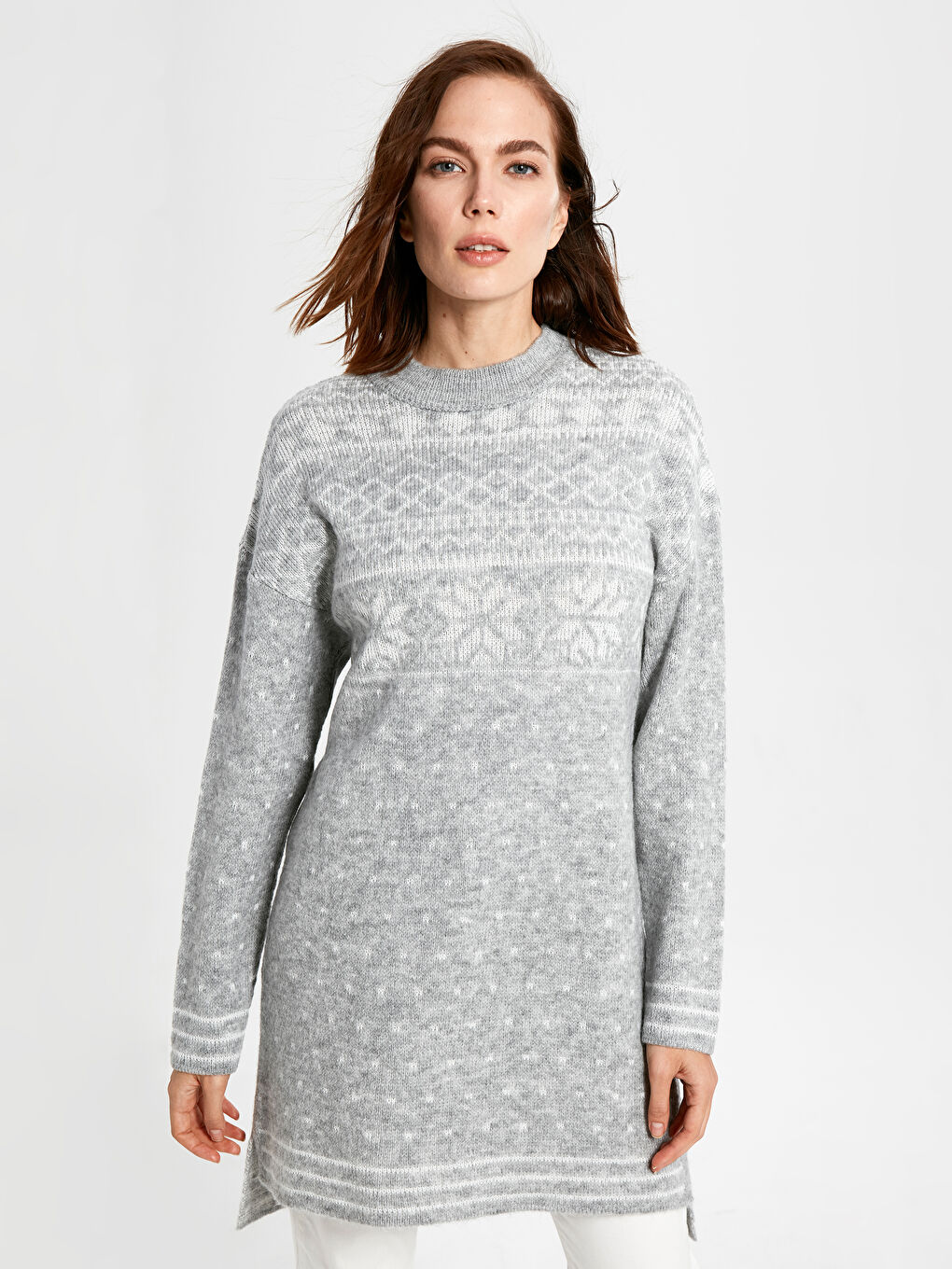 Gri Bisiklet Yaka Desenli Uzun Kollu Triko Kadın Tunik