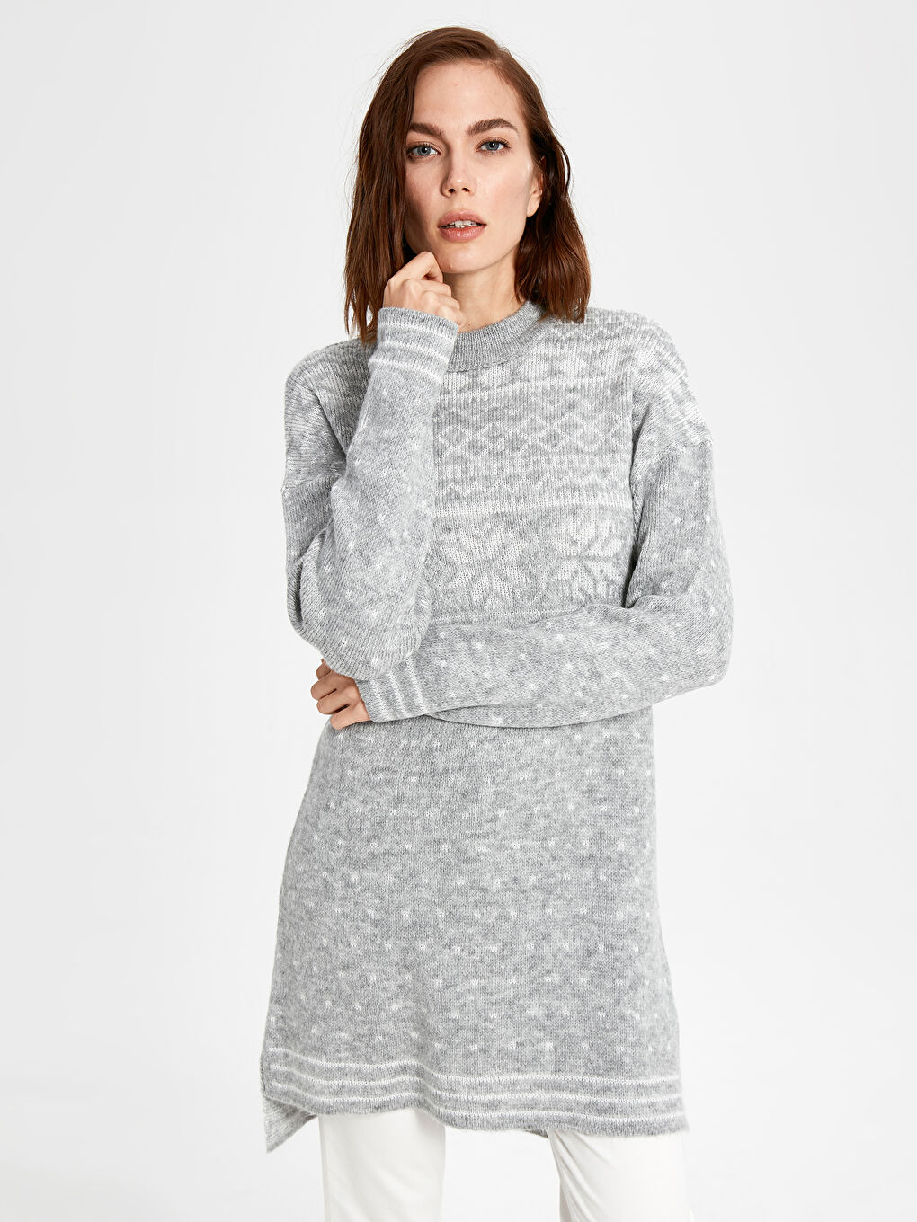 Gri Bisiklet Yaka Desenli Uzun Kollu Triko Kadın Tunik-1