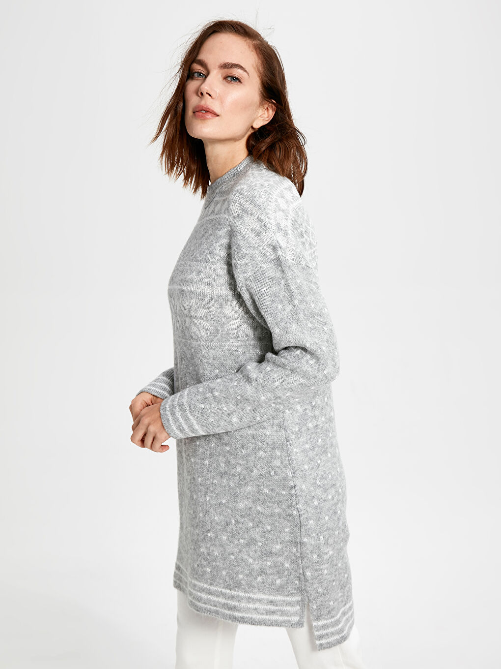 Gri Bisiklet Yaka Desenli Uzun Kollu Triko Kadın Tunik-2