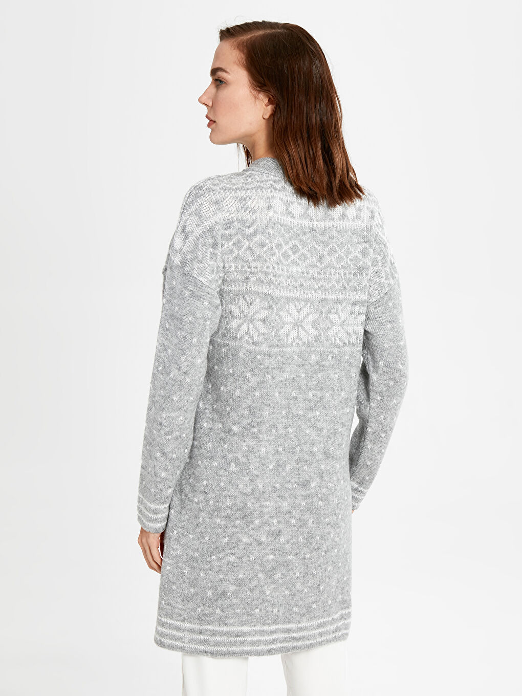 Gri Bisiklet Yaka Desenli Uzun Kollu Triko Kadın Tunik-3