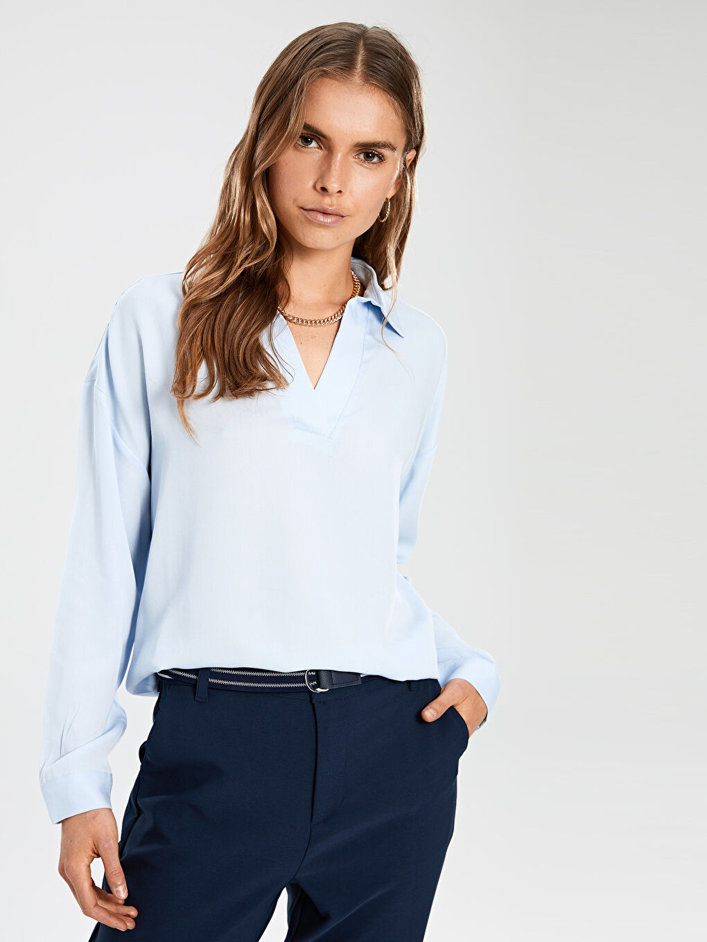Shirt Collar Straight Long Sleeve Viscose Women's Blouse