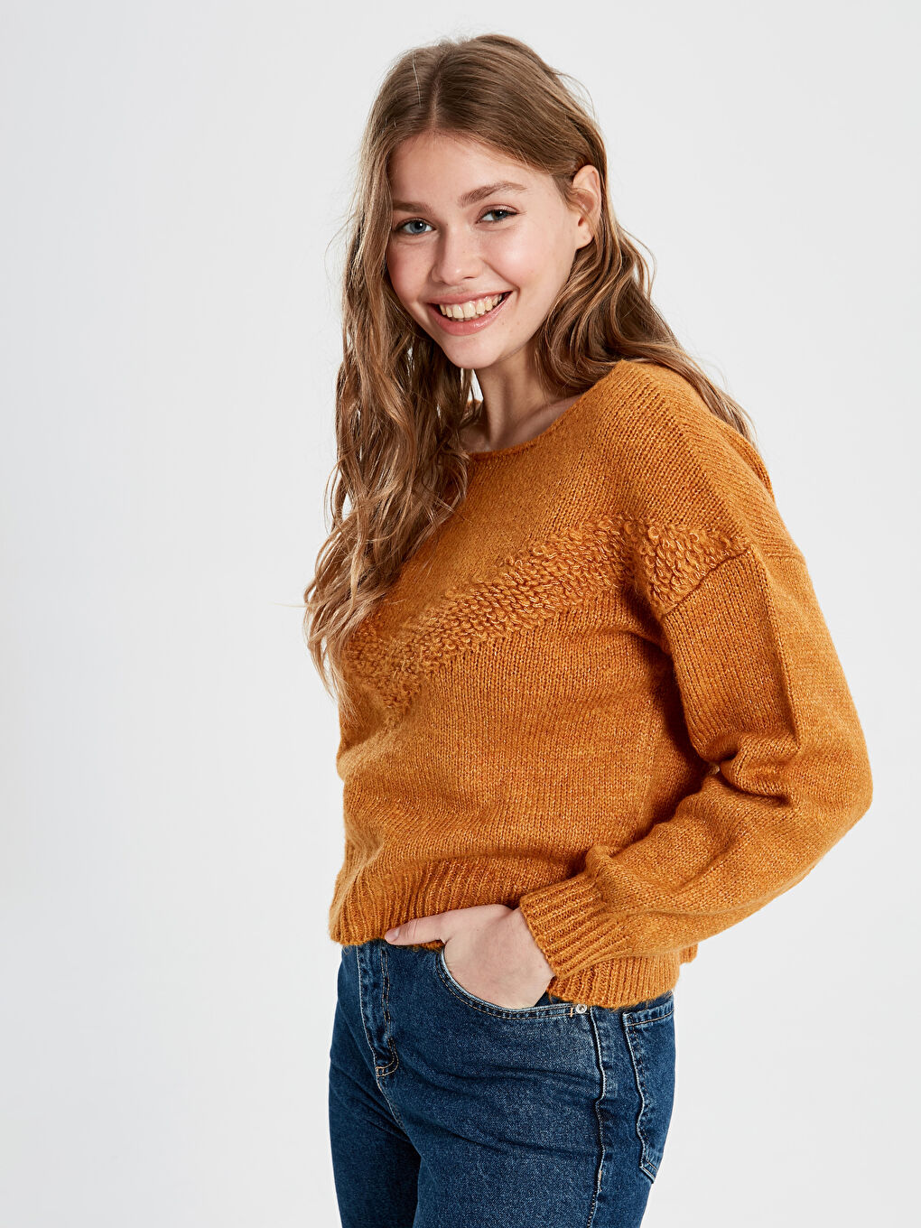 әйелдерге арналған дөңгелек жағалы ұзын жең трикотаж жемпір-1