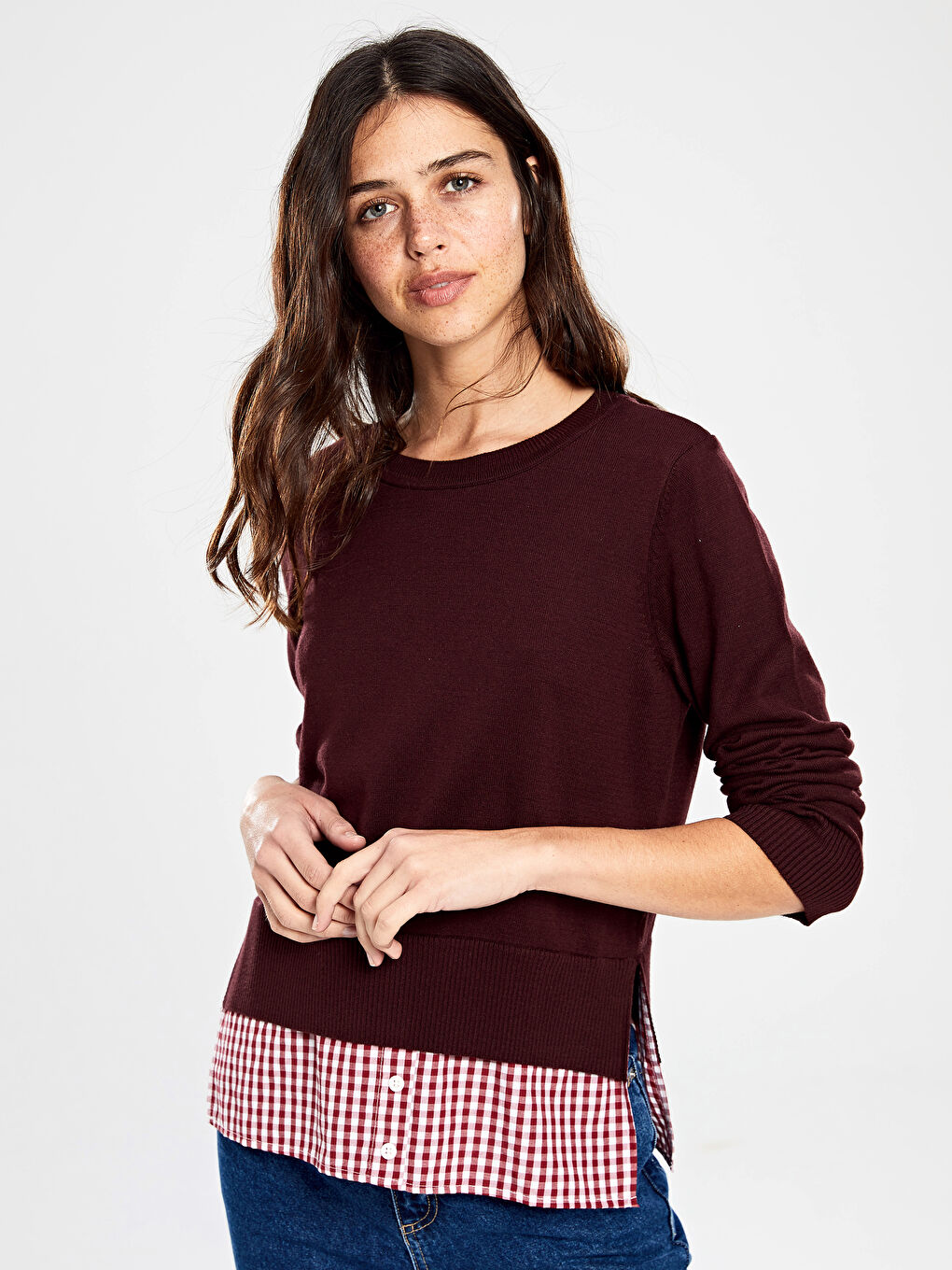 Bordo Bisiklet Yaka Düz Uzun Kollu Kadın Kazak-1