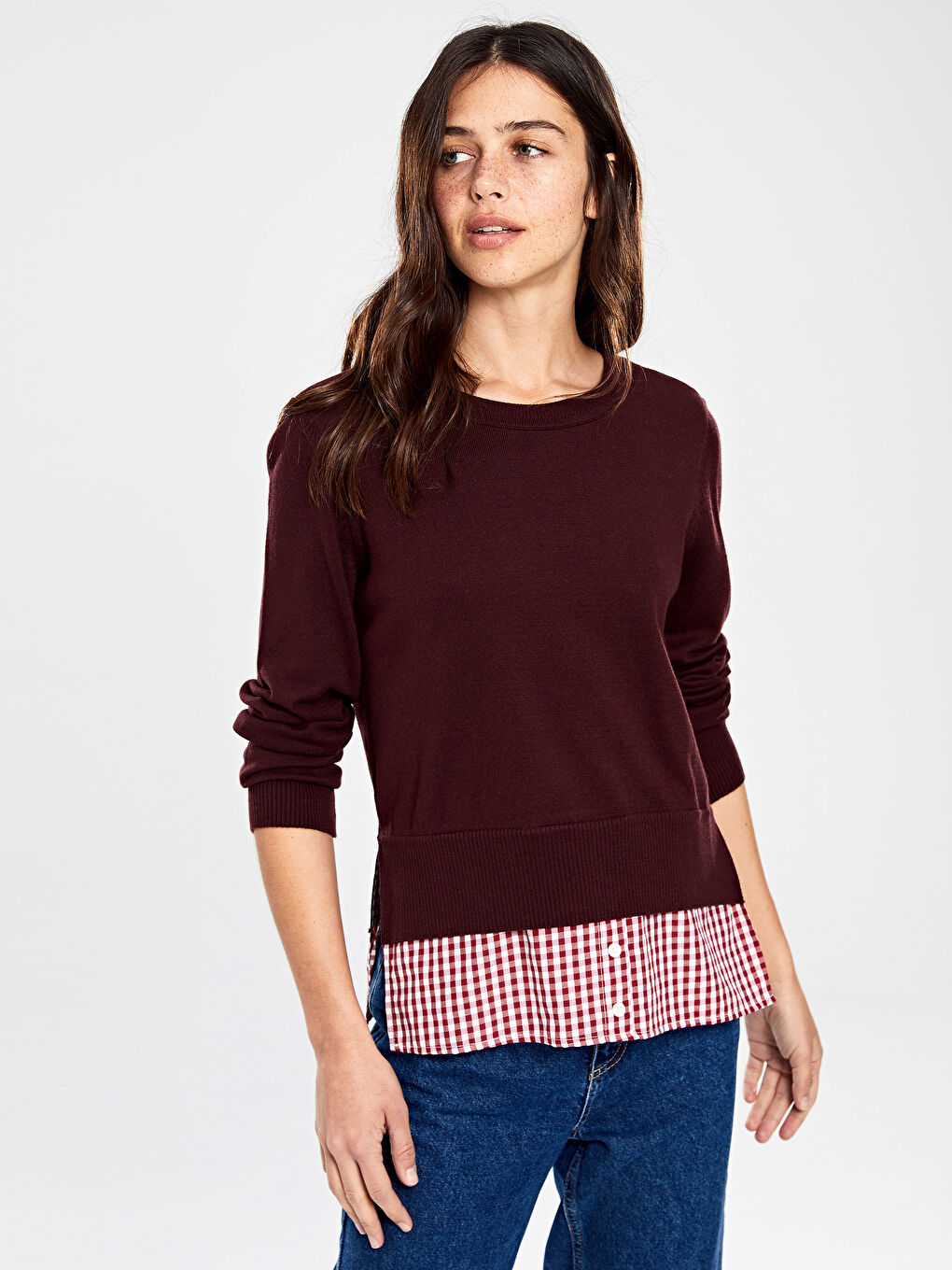 Bordo Bisiklet Yaka Düz Uzun Kollu Kadın Kazak-2