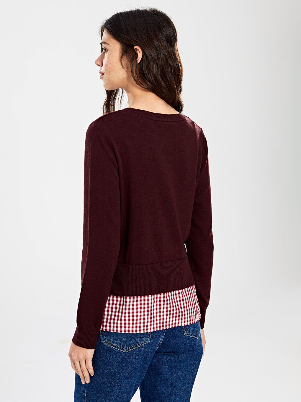 Bordo Bisiklet Yaka Düz Uzun Kollu Kadın Kazak-3