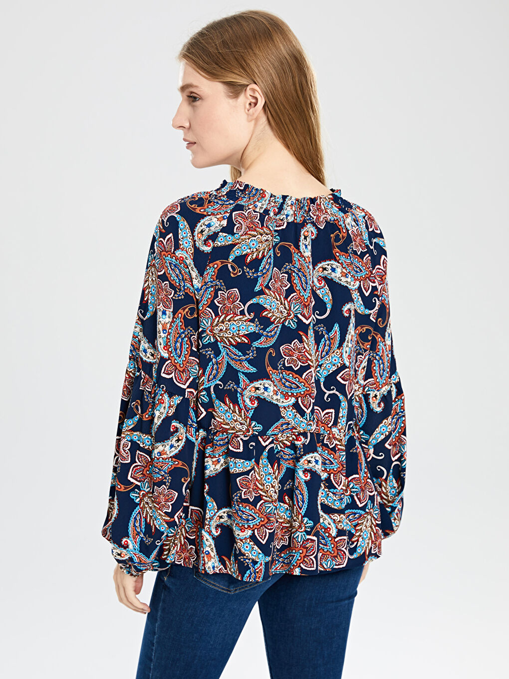 Lacivert Bağlamalı Yaka Desenli Uzun Kollu Viskon Kadın Bluz-2