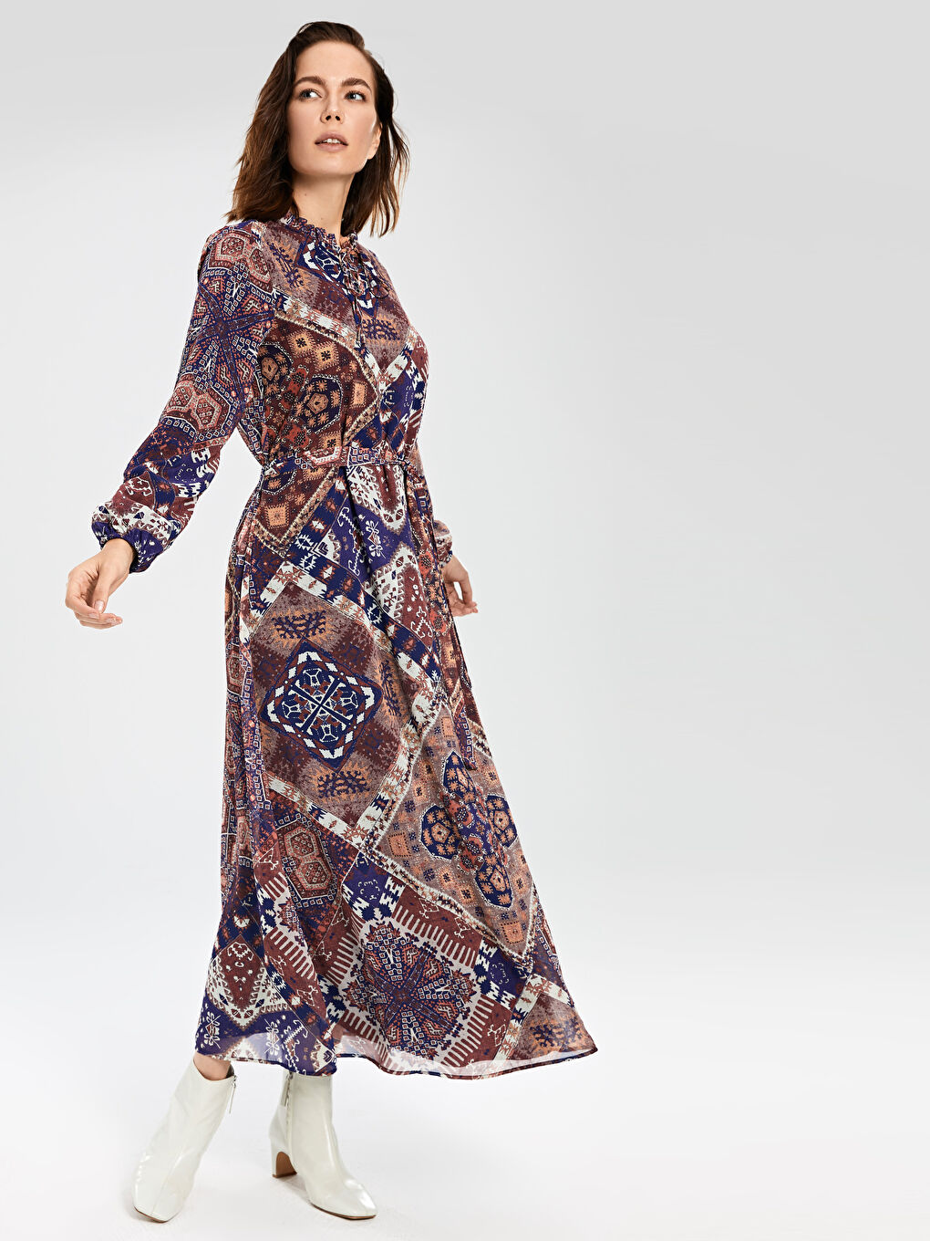 Bordo Standart Fit Uzun Kollu Şifon Kadın Elbise