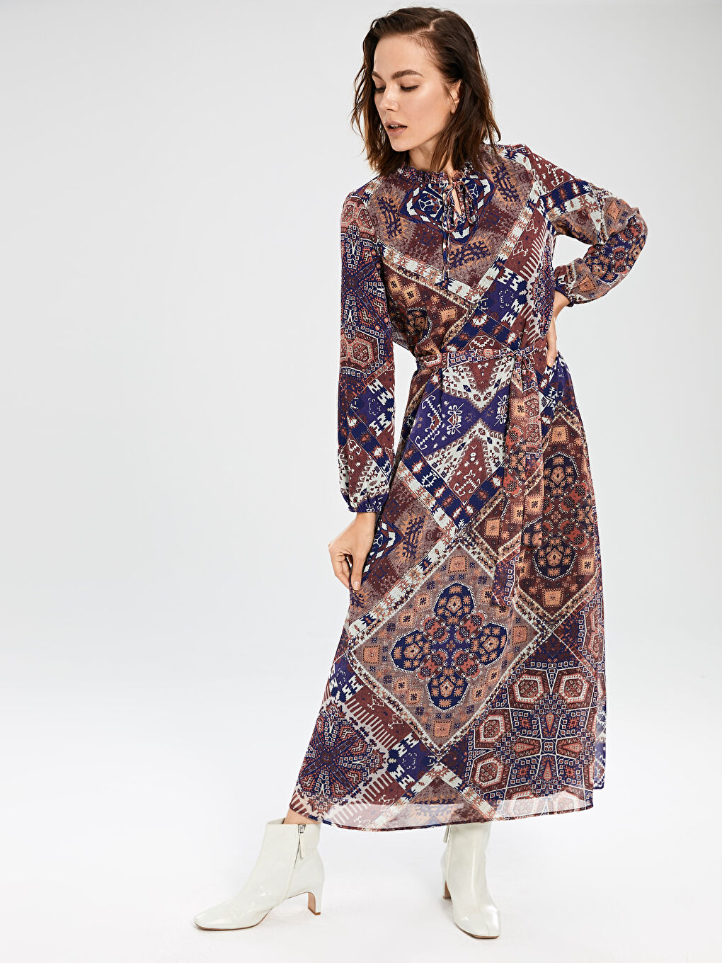 Bordo Standart Fit Uzun Kollu Şifon Kadın Elbise-1