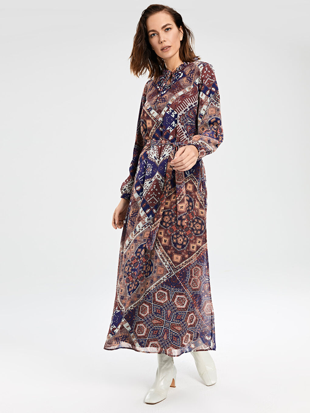 Bordo Standart Fit Uzun Kollu Şifon Kadın Elbise-2