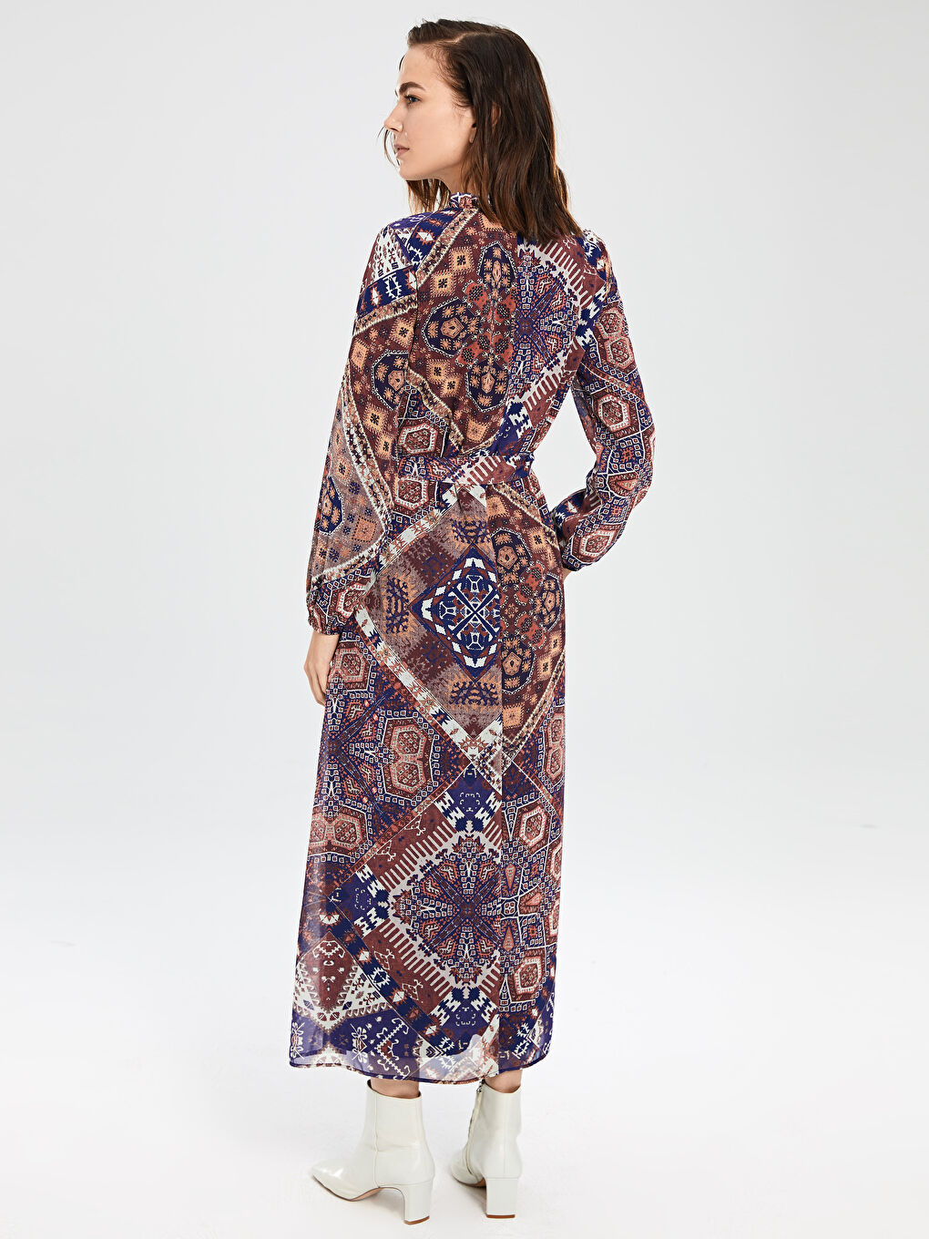 Bordo Standart Fit Uzun Kollu Şifon Kadın Elbise-3