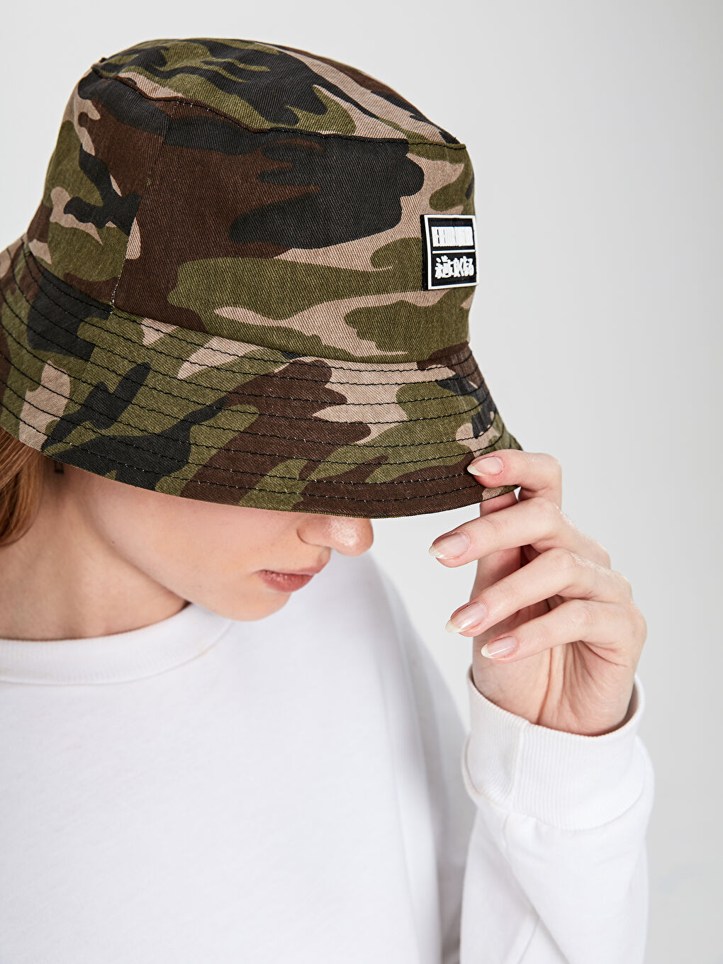 Haki Kamuflaj Baskılı Kadın Bucket Şapka