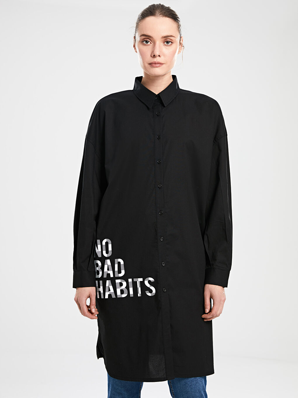 Siyah Yazı Baskılı Pamuklu Uzun Kollu Kadın Tunik-2