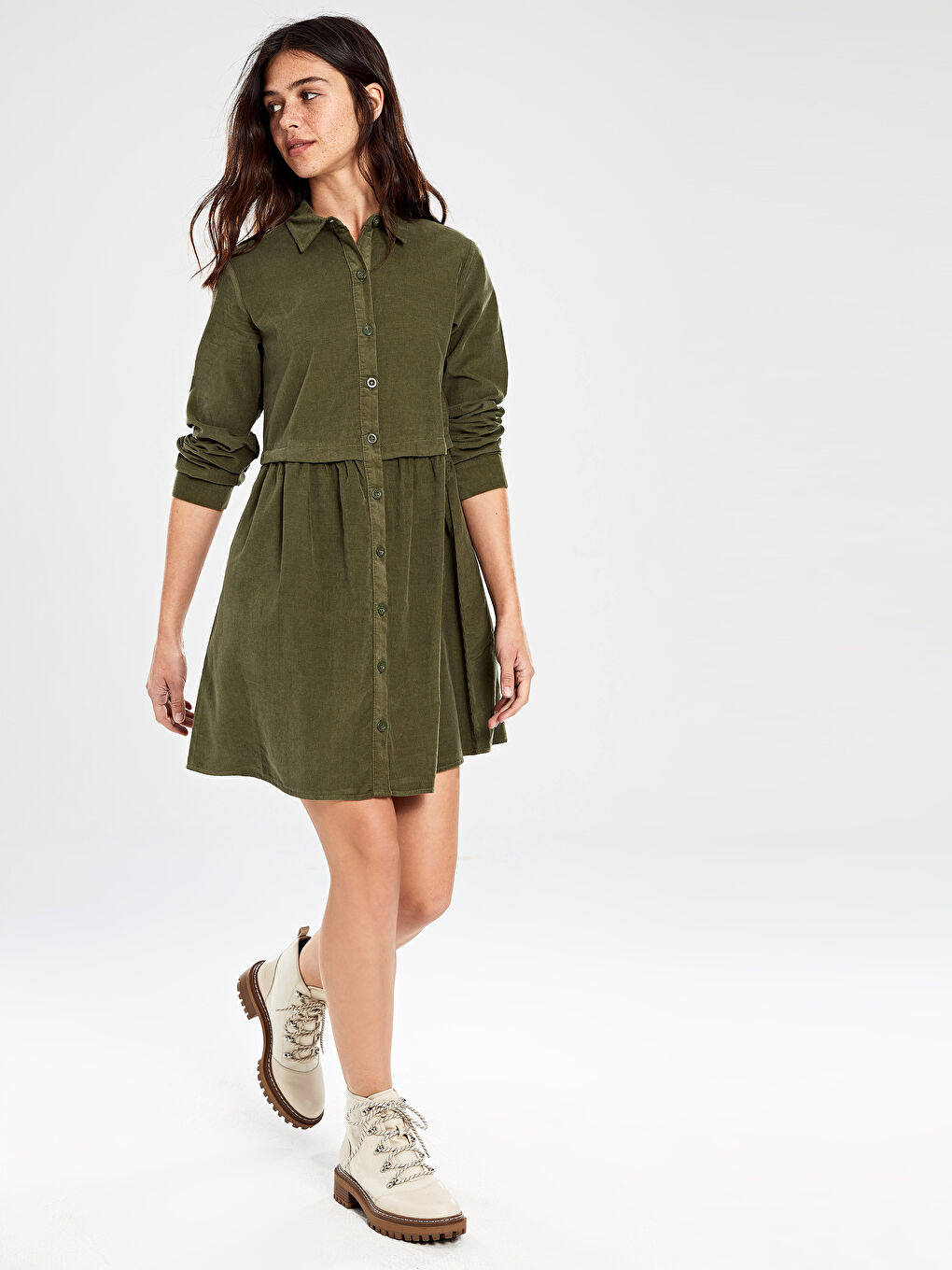 Haki Düğmeli Kadife Uzun Kollu Kadın Mini Gömlek Elbise-1
