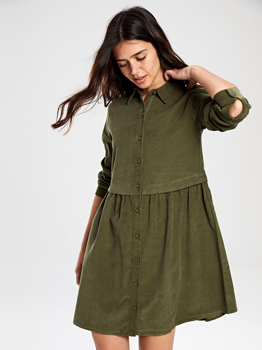 Haki Düğmeli Kadife Uzun Kollu Kadın Mini Gömlek Elbise-2