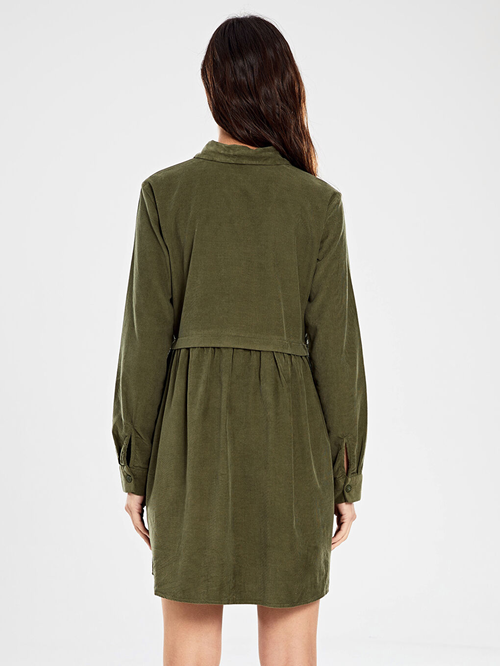 Haki Düğmeli Kadife Uzun Kollu Kadın Mini Gömlek Elbise-3