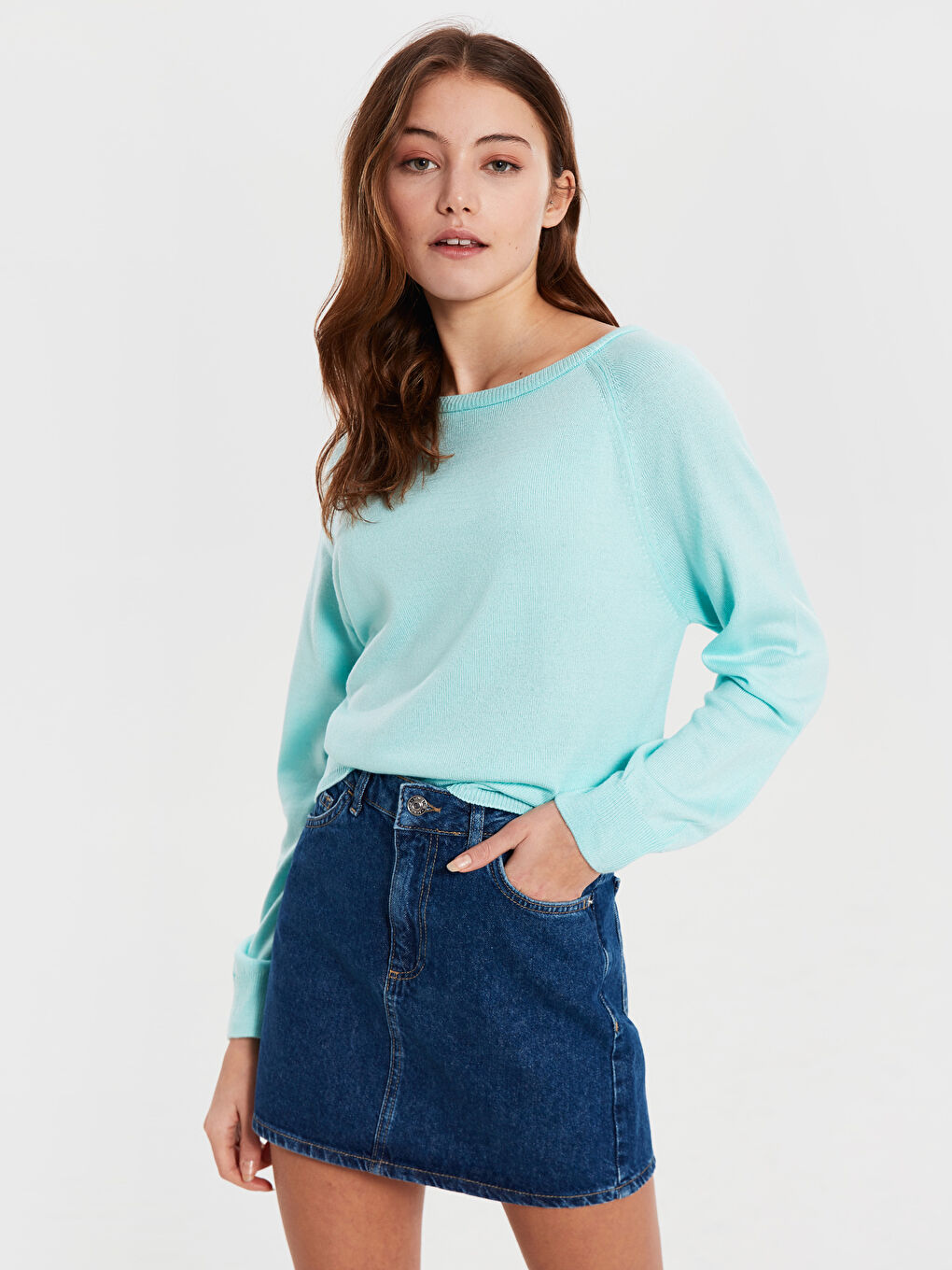 Turkuaz Kayık Yaka Uzun Kollu Kadın Kazak-2