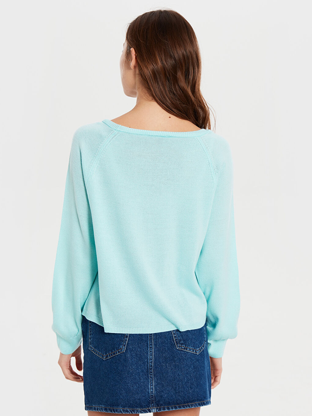 Turkuaz Kayık Yaka Uzun Kollu Kadın Kazak-4