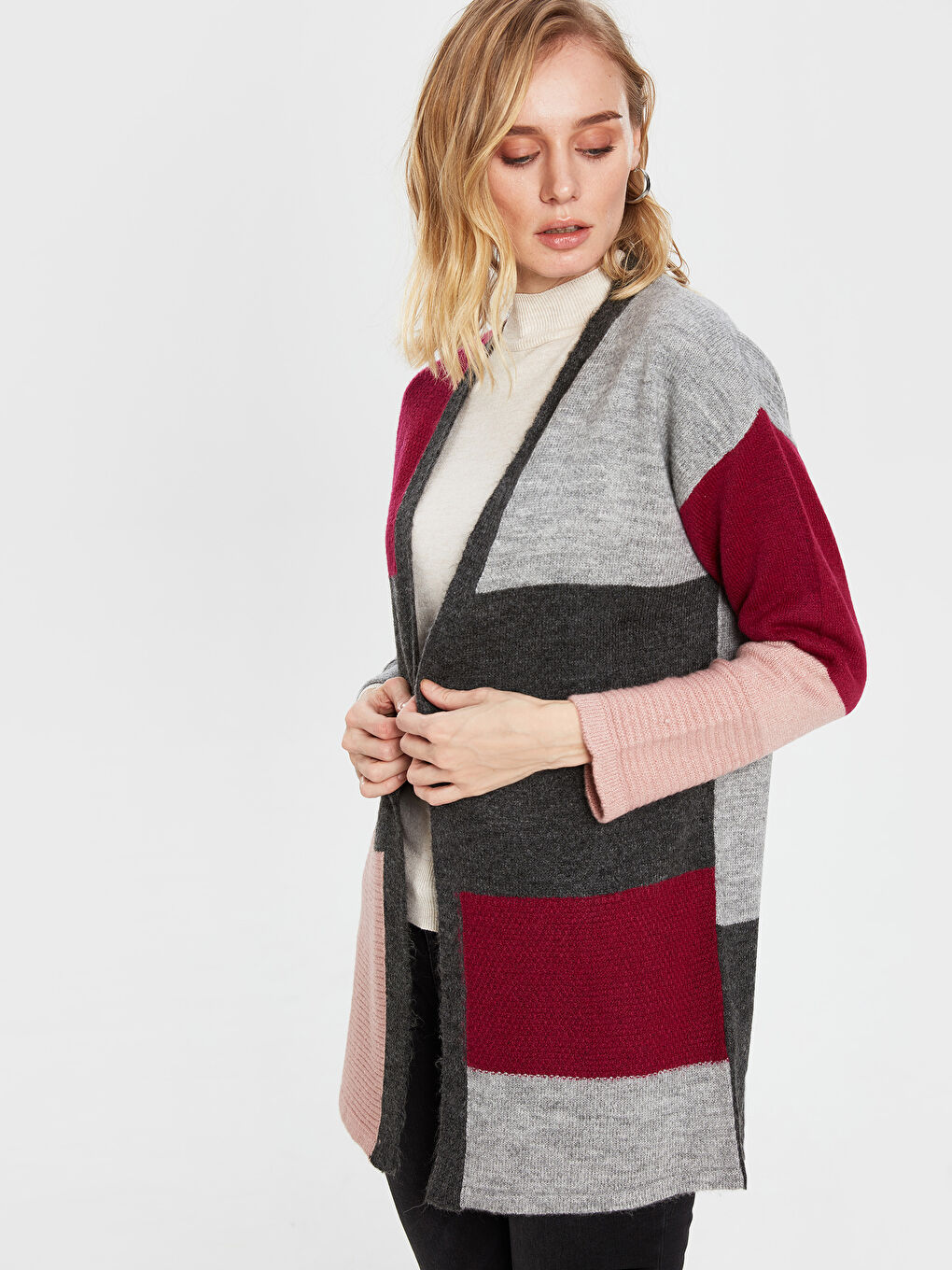 Antrasit Çok Renkli Uzun Kollu Kadın Triko Hırka