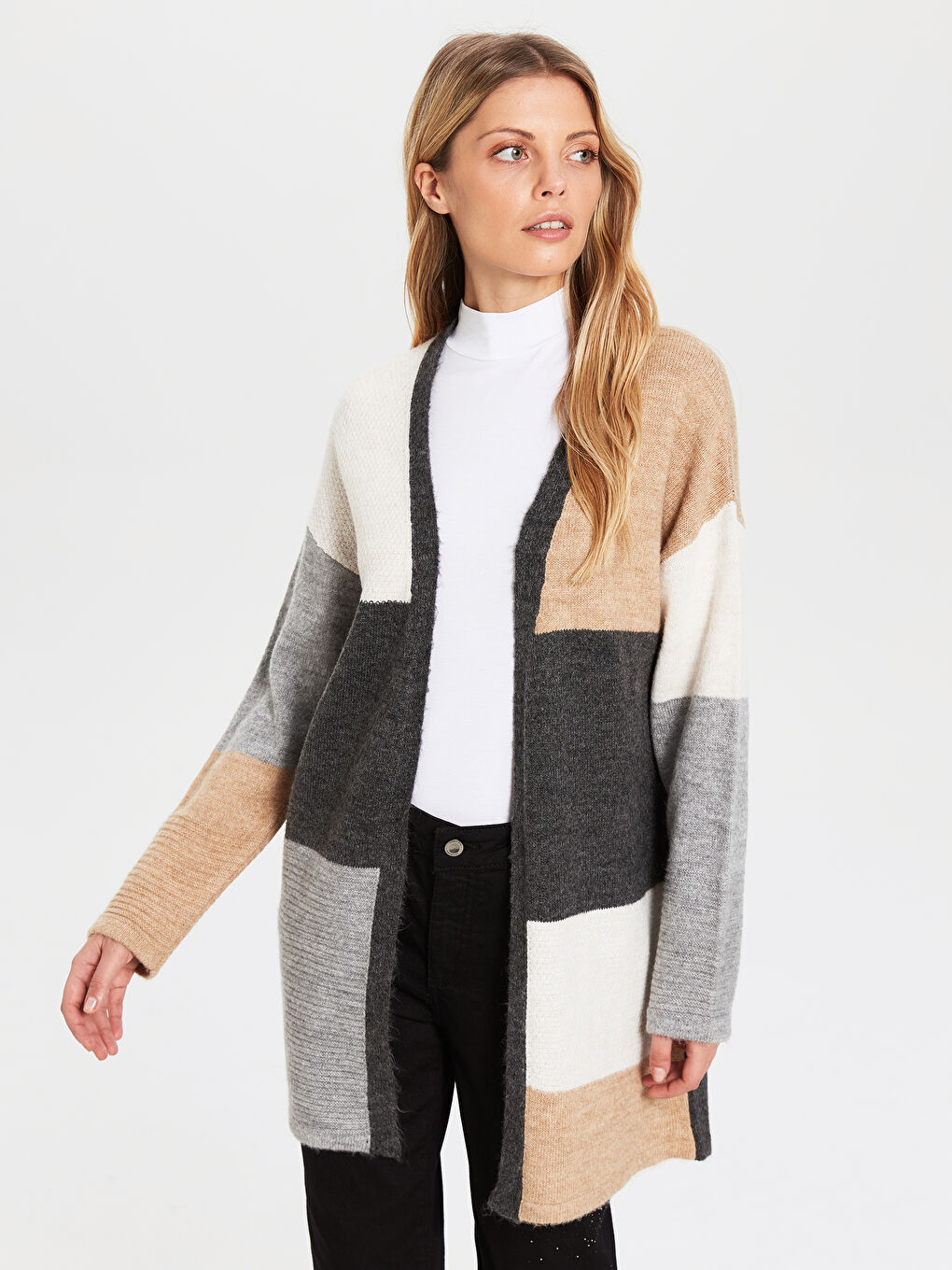 Bej Çok Renkli Uzun Kollu Kadın Triko Hırka-2