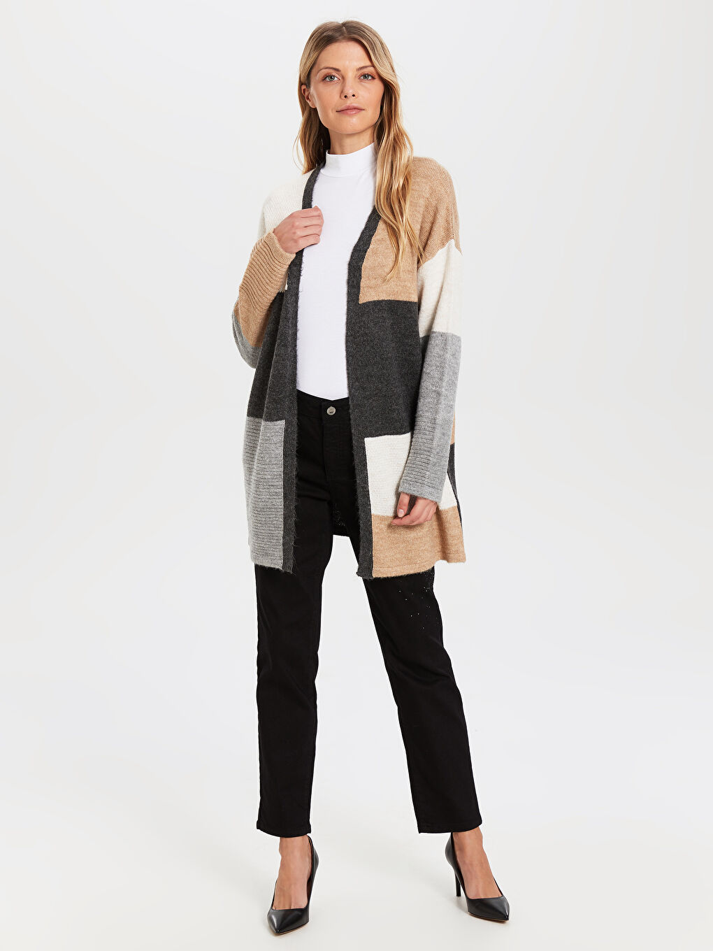 Bej Çok Renkli Uzun Kollu Kadın Triko Hırka-3