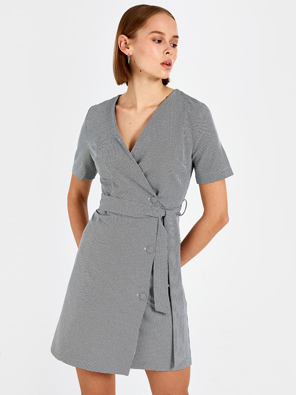 Gri Kruvaze Yaka Kısa Kollu Kadın Elbise-1