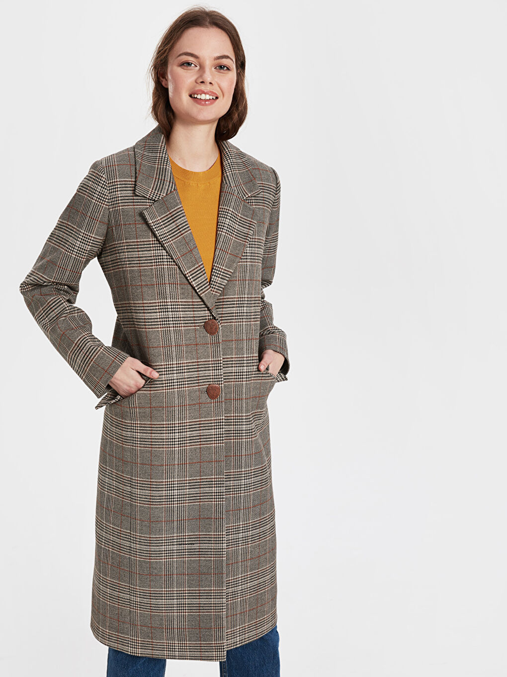 Kahverengi Ceket Yaka Desenli Uzun Kollu Kadın Kaban-1