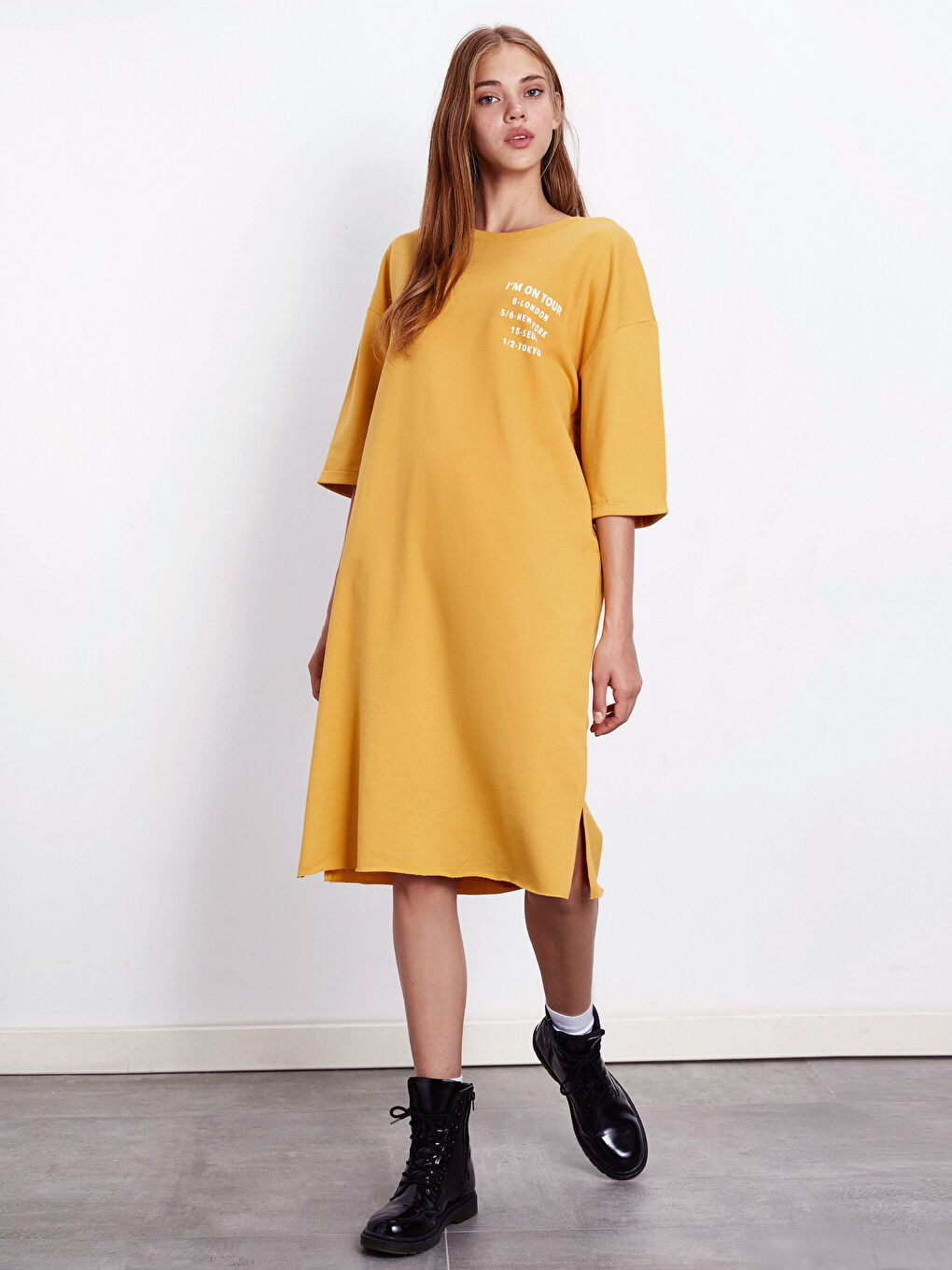 Sarı Bisiklet Yaka Kadın Elbise