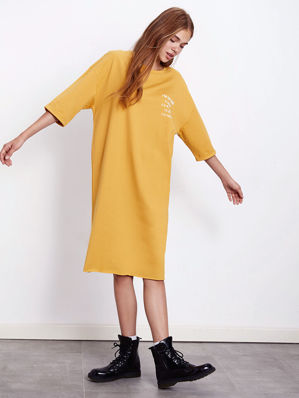 Sarı Bisiklet Yaka Kadın Elbise-1